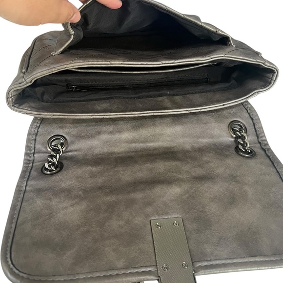 ALDO Charcoal‎ Gray Stitched Shoulder Bag Metal Chain Crossbody Bag Streetwear - Picture 9 of 15